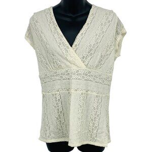 Alfani Women Top Blouse Size Large L Lace V-Neck Blouse Ivory Short Sleeve New